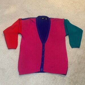 Pasta Vintage Colorblock Cardigan Sweater Pink Purple Teal‎ Red Ramie Cotton S